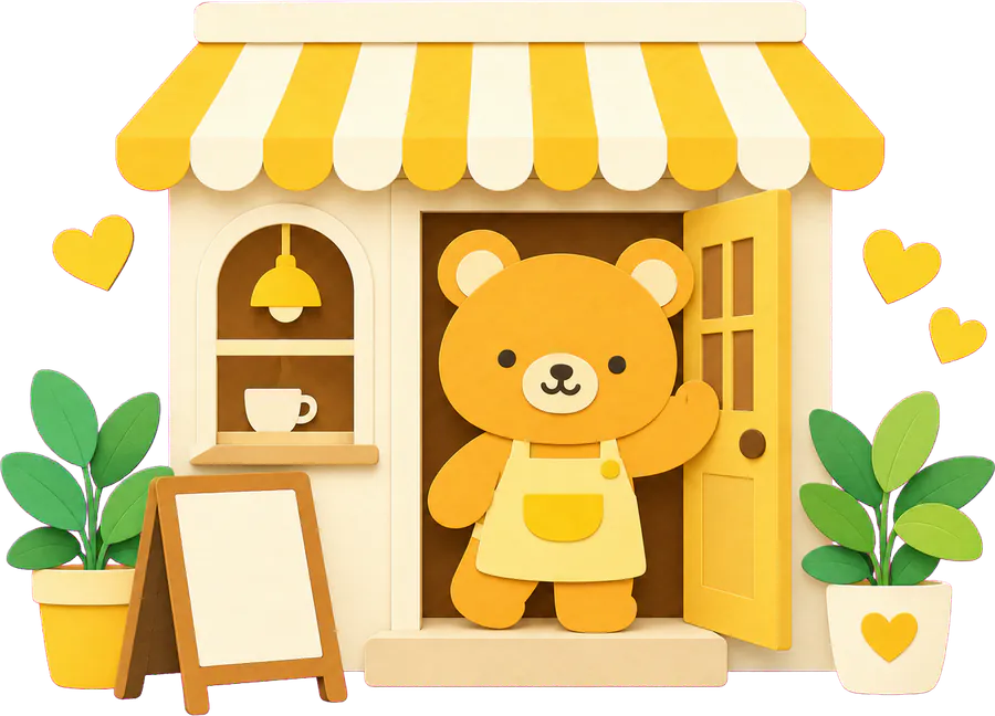 A paper cafe with a bear waving from the doorway